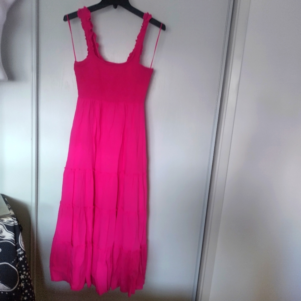 LUCY PARIS Magenta Smocked Tiered Boho Dress with Pockets size M